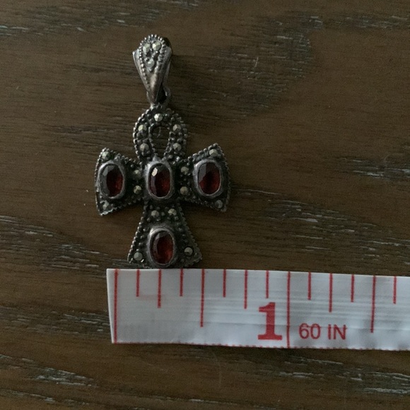 Vintage Sterling Silver  Filigree Cross Pendant with Garnet Stone - Picture 16 of 16